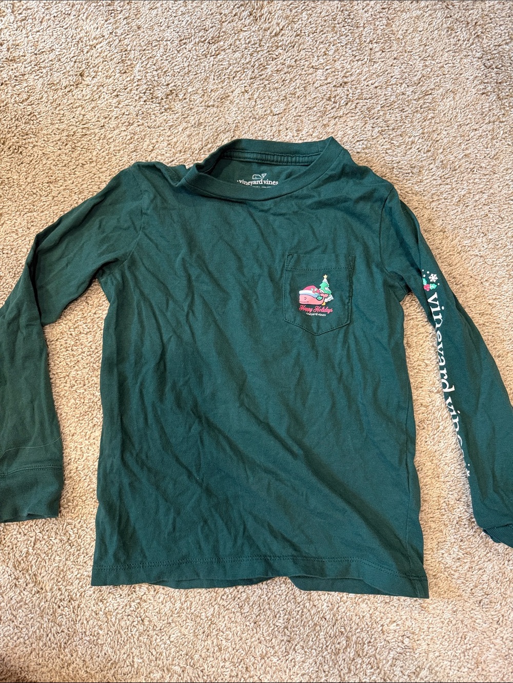 Vineyard Vines Kids Forest Green Long-Sleeve Tee with Pink Pocket Graphic